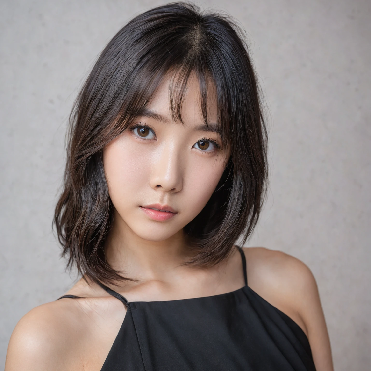 Yui, photo of female, age 15 year, black shoulder length hair with brown highlights; (dslr, ultra quality, film grain, Fujifilm XT3, crystal clear, 8K UHD, highly detailed glossy eyes, high detailed skin, skin pores), wear black dress