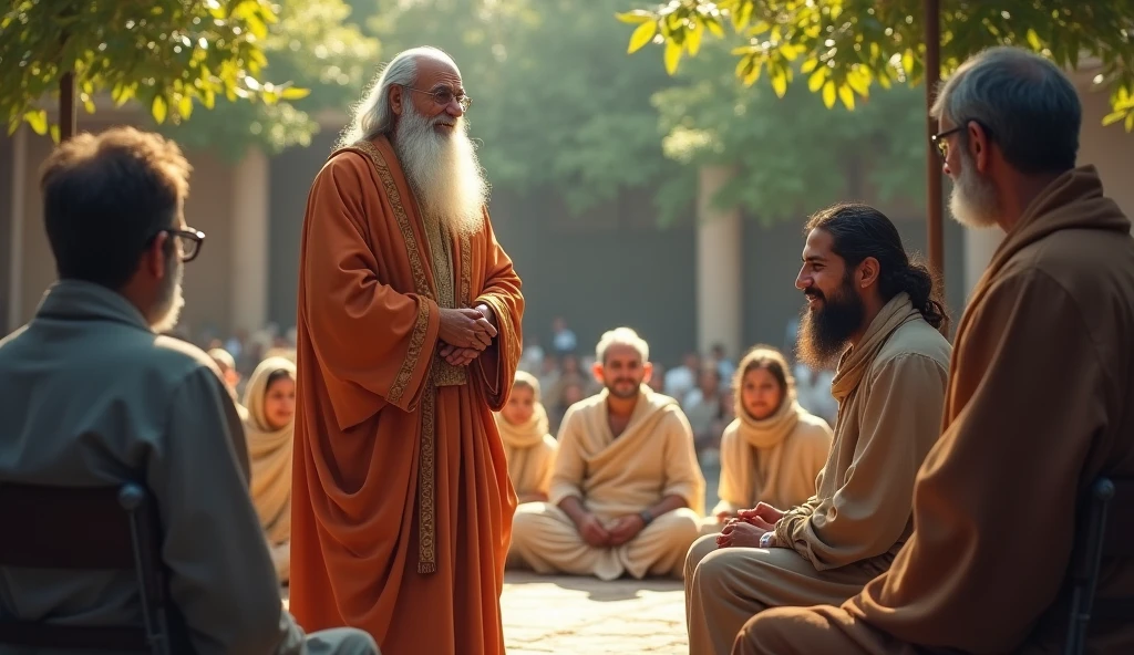 Scene 3: Baba Ji Sarkar speaking to the gathering, with a wise and compassionate expression, and the writer listening intently.
