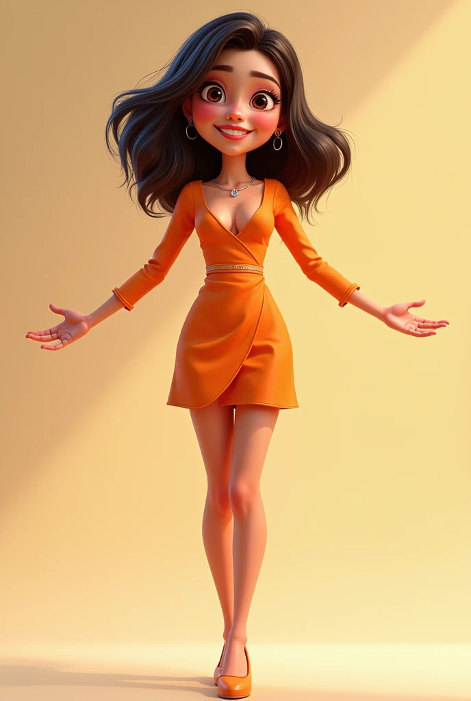 (Disney Pixar style: 1.2) (20 year old adult: 1.15), white, hazel eyes, with a modern dress, big breasts, standing in a T-shape with a small waist, hands open and stretched out