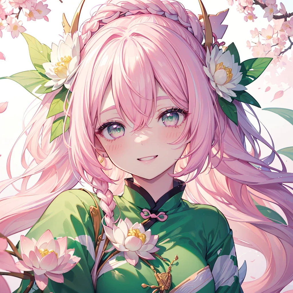 ((Genshin impact style lineart)) ((face portrait)), (masterpiece), (high quality), 1 girl, 16 years, female and curvy body, white skin, freckles, ((long, and wavy (((white-pink hair)), ((GREEN and bright eyes like de forest)), she has a cheerful, Very lively, happy, bright, kind and sweet expression, pink lips with a big smile, ((designs from East Asian, Game character costume design)), Chinese clothing style with a green and light pink color palette, chinese hair accessories, ((White background, chinese flowers, lotus, cute and colorful pink details)), ((portrait panting)), intricate details, lens flare,ultra high resolution,sharp focus,HD,8k,clear facial features,clear details,beautiful eyes,beautiful and cheerful face