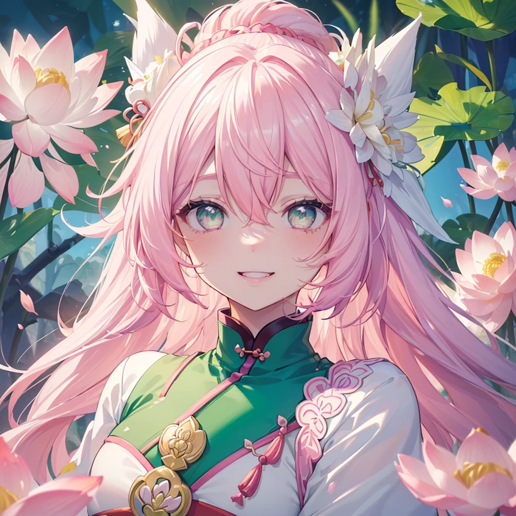 ((Genshin impact style lineart)) ((face portrait)), (masterpiece), (high quality), 1 girl, 16 years, female and curvy body, white skin, freckles, ((long, and wavy (((white-pink hair)), ((GREEN and bright eyes like de forest)), she has a cheerful, Very lively, happy, bright, kind and sweet expression, pink lips with a big smile, ((designs from East Asian, Game character costume design)), Chinese clothing style with a green and light pink color palette, chinese hair accessories, ((White background, chinese flowers, lotus, cute and colorful pink details)), ((portrait panting)), intricate details, lens flare,ultra high resolution,sharp focus,HD,8k,clear facial features,clear details,beautiful eyes,beautiful and cheerful face