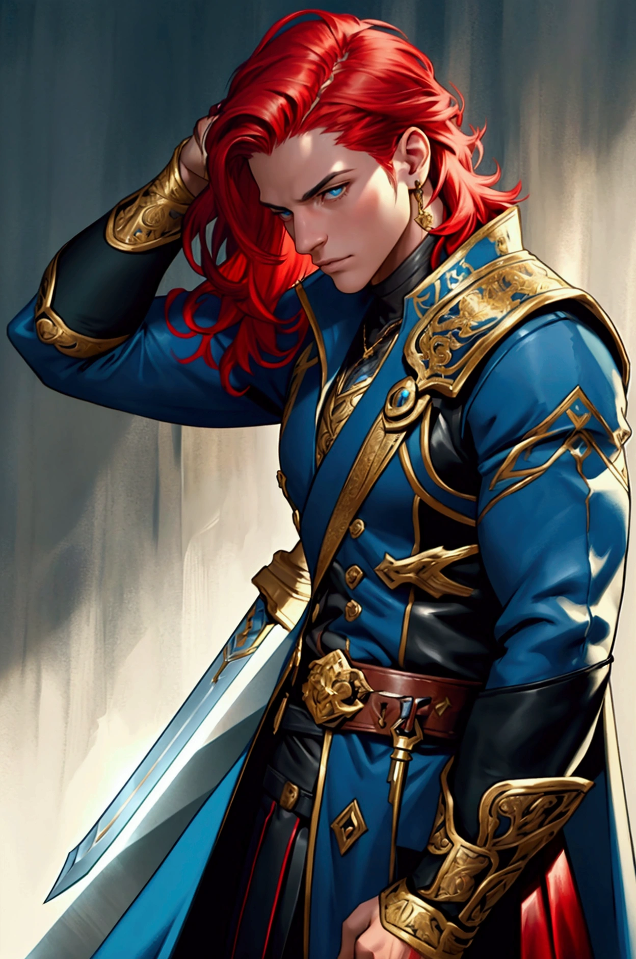 Transform this character into a realistic human being, maintaining the key physical characteristics like the voluminous red hair, well-defined musculature, and the blue outfit with gold accents, as if it were made from real materials such as leather and metal. The sword should appear as a real metal weapon with precise details and a metallic sheen. The skin, eyes, and hair should have natural textures and colors, like those of a real person, capturing all facial and body details so that it looks like a photograph of a real human being, as if this character existed in real life