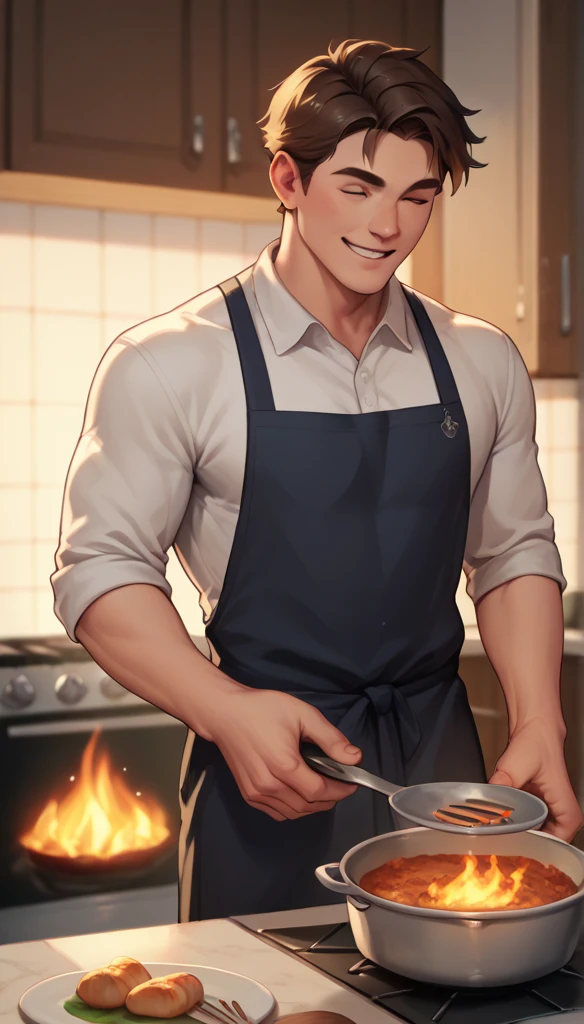 male teen, cheerful, handsome, cooking, fire stove