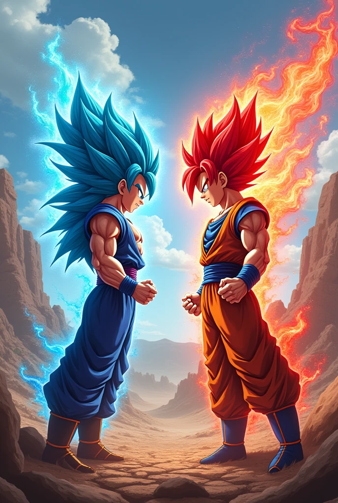 goku super saiyan blue fighting against vegeta transformed into super saiyan red
