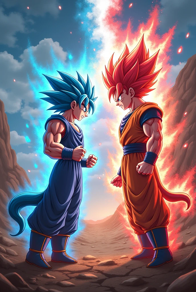 goku super saiyan blue fighting against vegeta transformed into super saiyan red