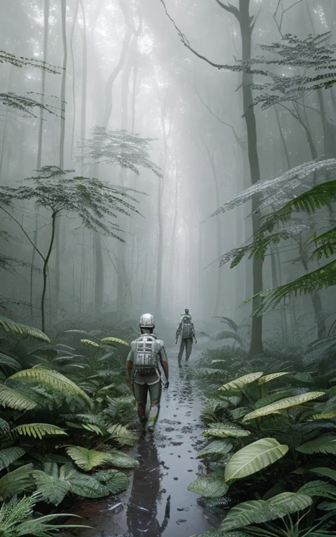 realistic analog crstal17-8000 photo, a female android walking in a magnificent silver-toned Jungle, very detailed, intricate, (ground mist:1.1),  