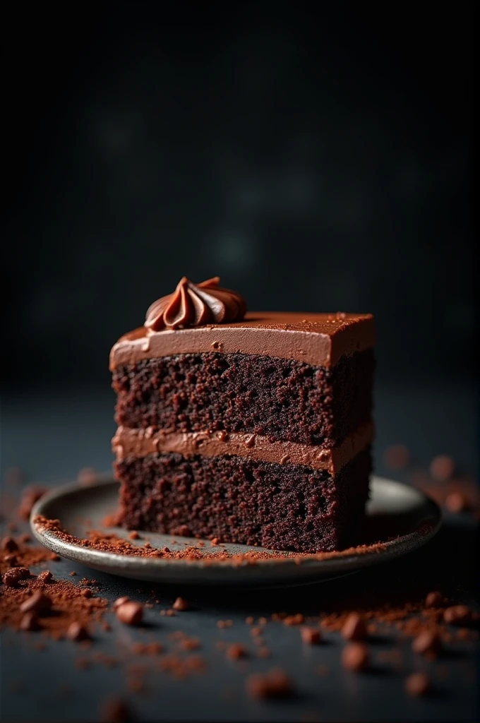 cinematic film still chocolate, chocolate cake, dark background, quality photo, moist texture, frosting, studio photo, slice . shallow depth of field, vignette, highly detailed, high budget, bokeh, cinemascope, moody, epic, gorgeous, film grain, grainy