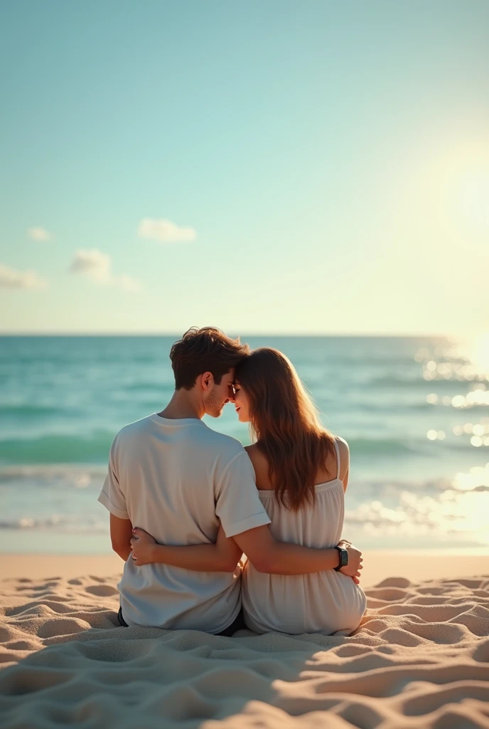 Picture of a couple, sitting and embracing each other on the beach, showing love, romance, calm sea, beautiful sunshine, quiet beach.