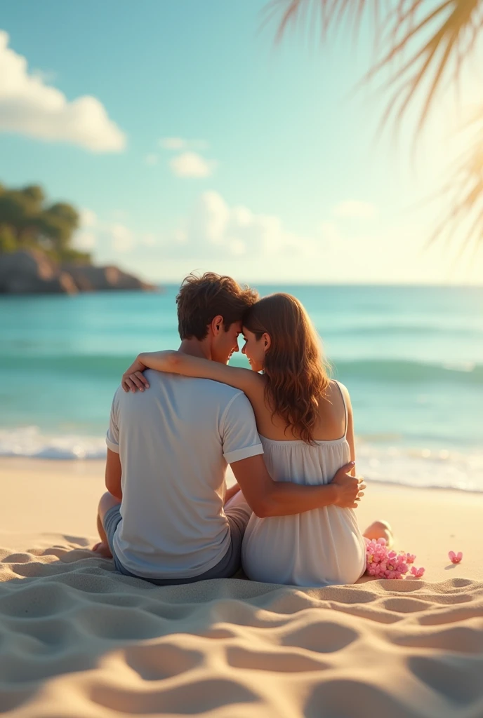 Picture of a couple, sitting and embracing each other on the beach, showing love, romance, calm sea, beautiful sunshine, quiet beach.