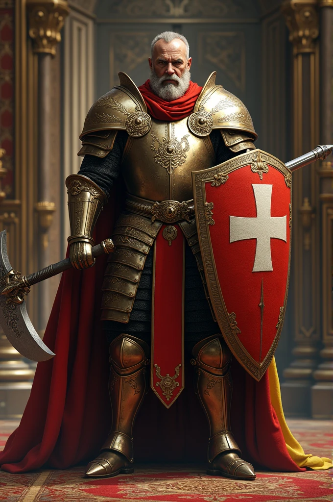 A strong Swiss guard in armor, halberd and shield