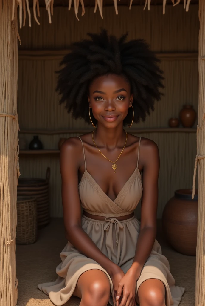 9 black woman, sitting in a thatched house with a sweet look and a simple smile