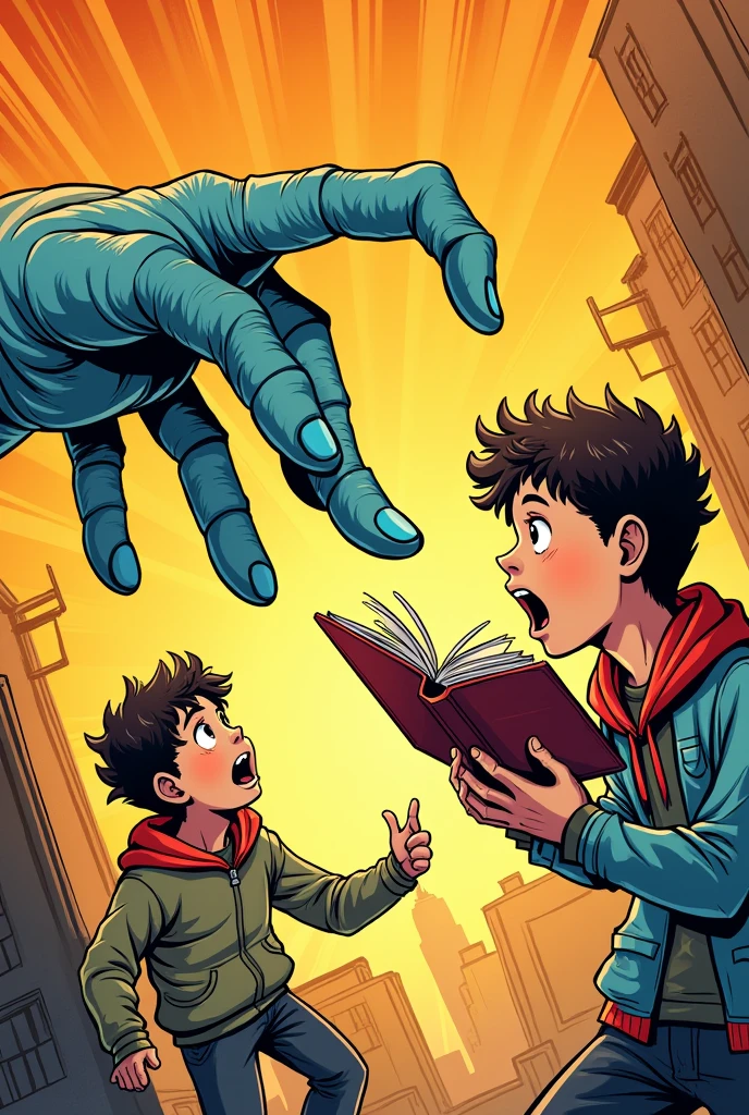 (comic) a hand with five fingers try to snatch a book from a boy.