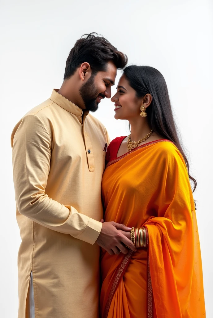 Indian young husband and wife, white background,