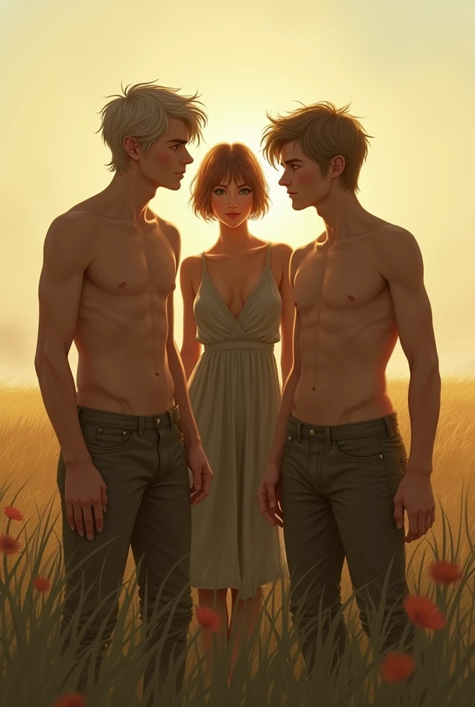 Two young men are shirtless with fair hair. A little distance away from both of them, a girl dressed in her old clothes is walking away smiling. They are in the light like butter in the field at night.