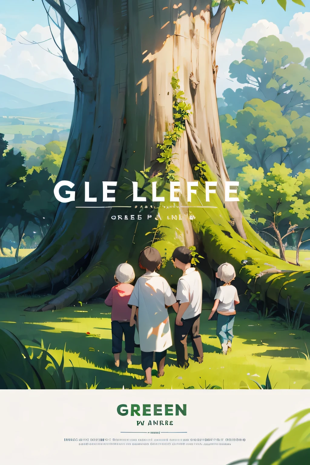 create a flyer with the title " green for life" puts the Portuguese language in great prominence  . with people and children in front, place trees and green plants . the textured letters of tree leaves .
I want the children&#39;s faces to be well drawn .
