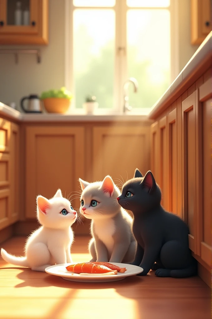 In a cozy kitchen with wooden cabinets and sunlight streaming through a window, three cute small kitten—Fluffy, a fluffy white cat, Whiskers, a gray tabby, and Shadow, a sleek black cat—are huddled together on the floor. They are all focused on a plate of fish which is placed  on a too much high  counter. 