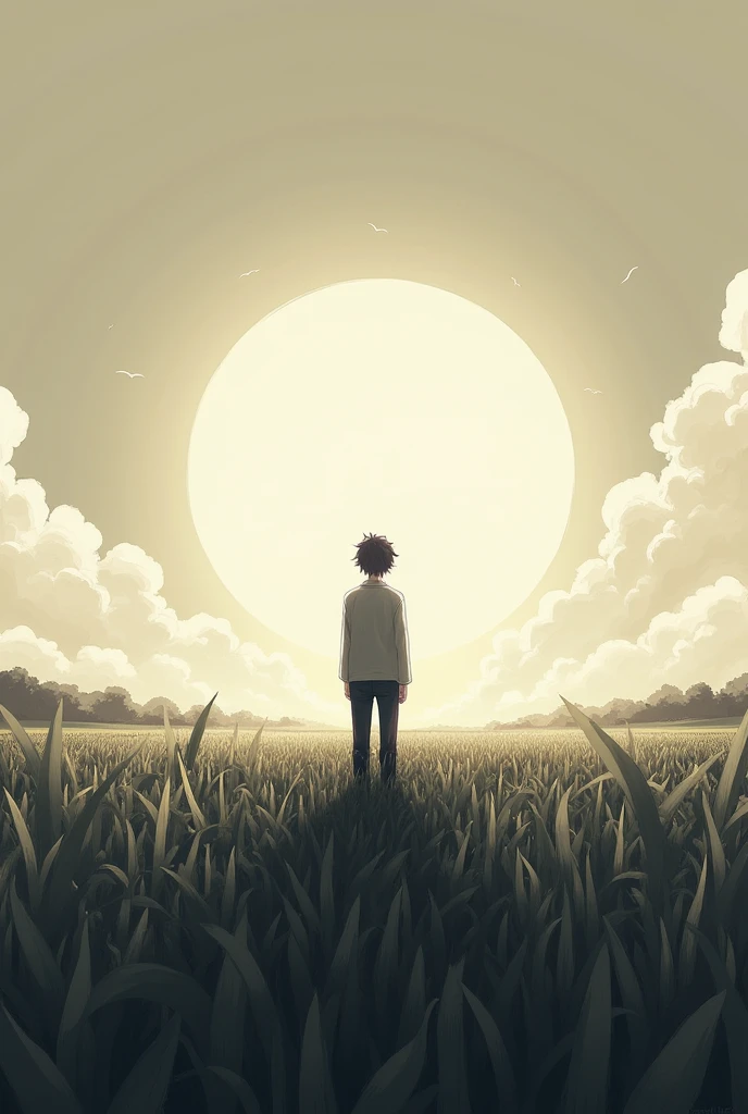 A field , like plan, black colour, sun, grass, a anime character guy standing , landscape