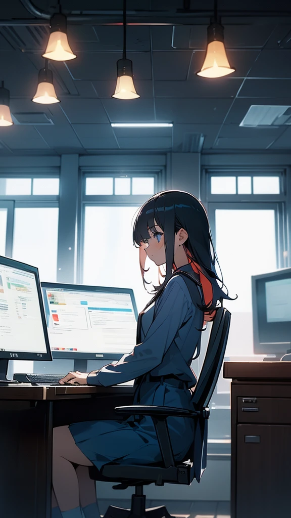 young woman,Wearing a uniform,Working on a computer,Working while looking at a computer screen,Office work,data entry,hitting the keyboard,office,City Hall