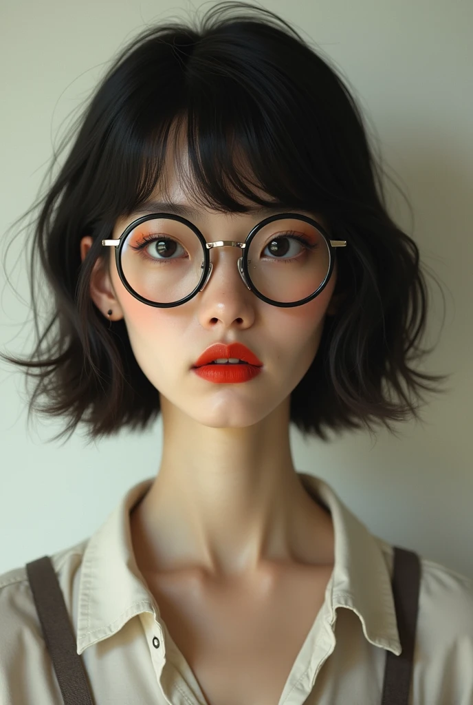 Thin adult woman with small bust, thin face, round glasses, short hair to the shoulders, white, red lipstick, slightly longer hair with bangs
