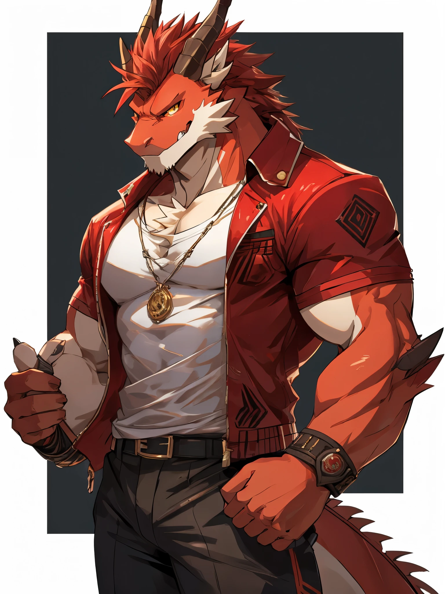 Masterpiece, Solo, Furry Red Dragon, Yellow Eyes, Medium Red Hair, Muscular Body, Hot Pose, Handsome, Good Looking, Adult, Fierce, Smirking, Casual Clothes, Simple Background.