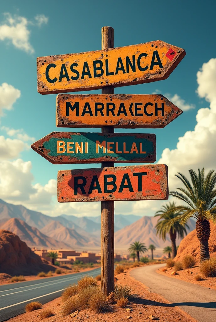 Signboards to the cities of Morocco with their names, realistic, true, Casablanca, Marrakech, Beni Mellal, Rabat, realistic, true, as it is, details of a masterpiece