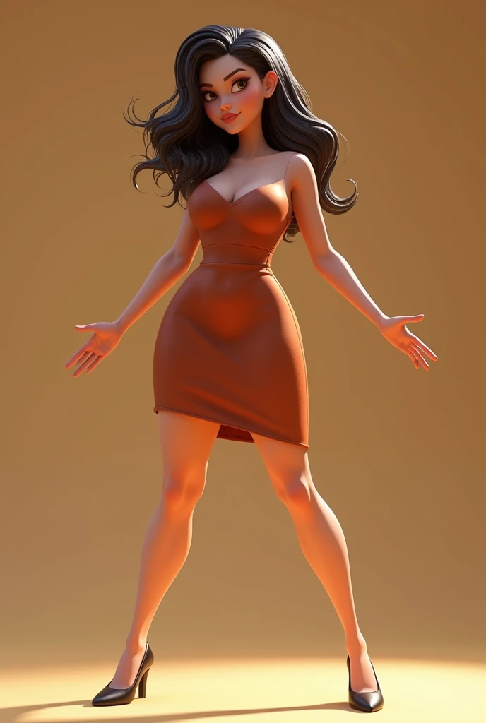(Disney Pixar style: 1.2) (20-year-old adult: 1.15), white, hazel eyes, wearing a modern dress, large breasts, standing in a T-shape with small waist, open and stretched hands with large legs.