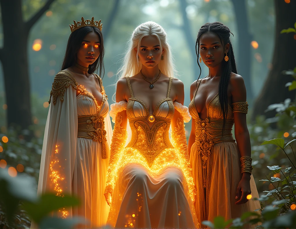 A photorealistic 4K image of three young adult women, exuding mystical energy and power, standing together as a united group in an ancient, enchanted forest. The scene is cinematic, with ethereal light filtering through the dense canopy, illuminating the women with a soft, magical glow. The women are shown full-length, each embodying an element, showcasing their unique styles and outfits.

The first woman, with dark hair and glowing ember eyes, wears a white cloak that seems to burn with fiery energy, the flames intricately woven into the fabric. Her intense gaze is framed by the fiery glow that emanates from her clothing, symbolizing her control over fire.

The second woman, with platinum blonde hair styled in intricate braids, is dressed in golden, ornate robes adorned with ancient symbols. Her jewelry and accessories, including a glowing tiara and earrings, pulse with the energy of the sun, casting a warm, radiant light around her. She sits gracefully, exuding the calm power of light.

The third woman, with dark brown skin and earthy eyes, wears a gown made of woven vines and leaves, adorned with bioluminescent accents that glow softly. Her connection to the earth is evident in her grounded, serene expression, as she channels the power of nature through her attire.

The backdrop is an ancient, mystical forest with towering trees and glowing orbs of light floating in the air. The lighting enhances the magical atmosphere, casting soft shadows and highlights that bring out the photorealistic details of their clothing and expressions. The scene has a cinematic quality, as if captured from a fantasy epic.

[Lighting: Ethereal glow with soft shadows] [Camera: Wide-angle full-length shot] [Resolution: 4k, hyper-realistic] [Style: Elemental guardians, mystical fashion, cinematic fantasy] [Inspiration: Avatar, The Witcher, Enchanted forests].
