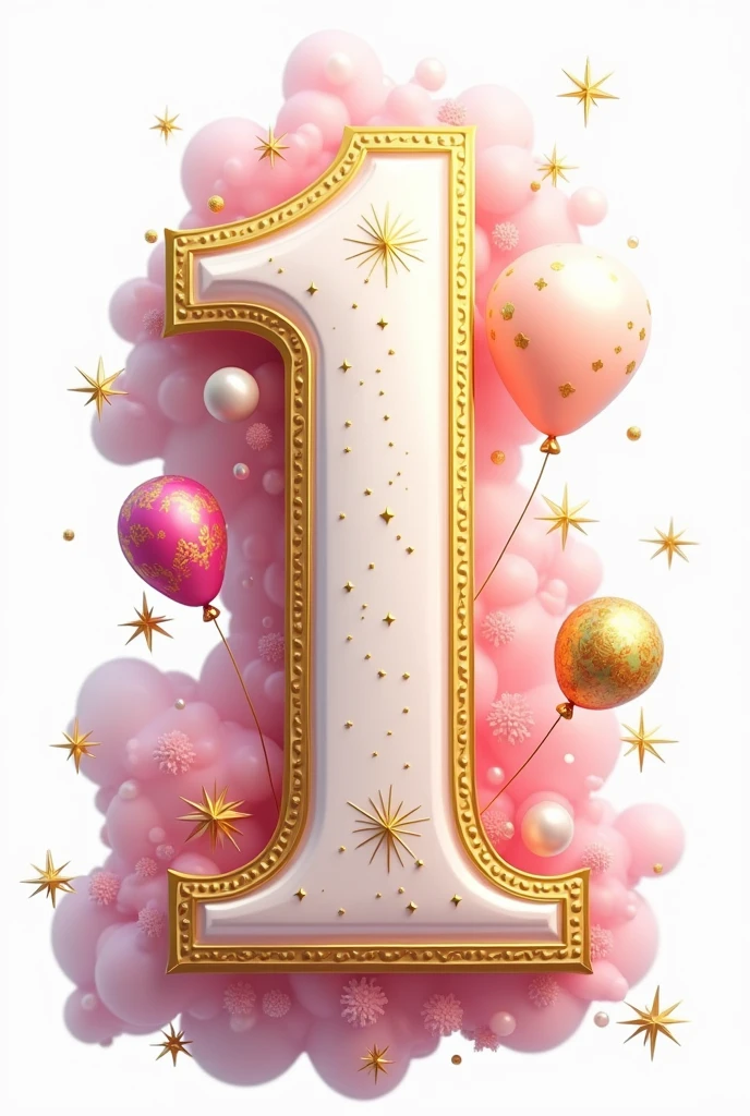 Create the number 1 birthday on a white background, with thick 3D lettering with a gold outline and a light pink gradient, with fantasy theme with balloons, with golden stars and spiral patterns, Number 1 must resemble the real appearance and be white in color., Predominantly pink with intricate bright gold embellishments with rich patterns. The overall aesthetic should be magical and majestic.., making the number 1 look like the number of a fantasy kingdom.