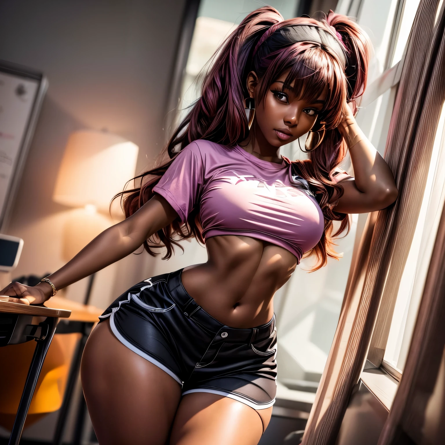 high quality, ebony girl, high resolution, volumetric lighting, 8k, beautiful woman, (dark skin), college student, 's uniform, (big-ass), breasts big, (pink tub top shirt), (cotton shorts:1.2), Wavy hair, pony tail, bangs, headband, hoop earnings, class room, pose sexy, seductively pose, 3/4 shot, cowboy shot, ((slim thick body:1.1)), 