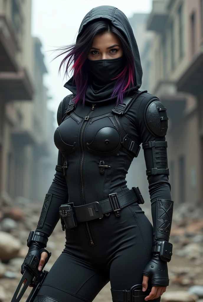 a woman wearing ninja clothing or special forces military clothing looking at the viewer, wearing a black mask that covers only the nose and mouth with a combat knife in his right hand, and a 9mm pistol on his belt, with an apocalyptic city in the background lush black hair, with some red or purple highlights