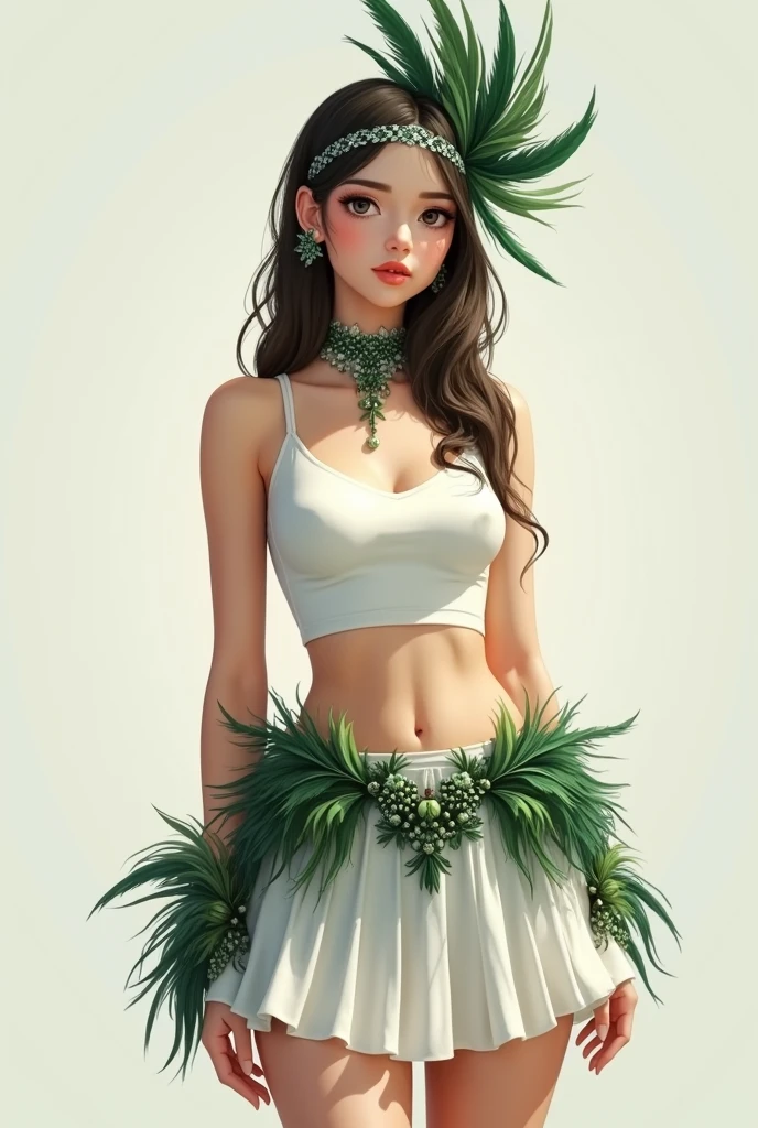 dressed in a short white thigh-length skirt, with a white belt that has green and dark feathers stuck to it, white sleeveless crop top with an accessory made up of feathers in different shades of dark green worn on the side of the head, held by a band that wraps around the forehead.