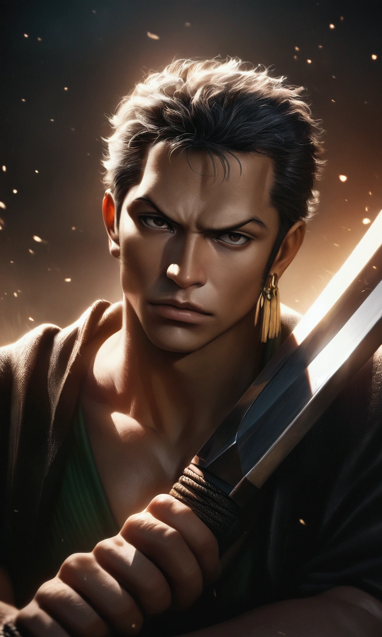a hyper-realistic, extremely detailed and intricate portrait of Roronoa Zoro, a character from One Piece, wielding his signature 3 swords, captured with a Sony FE camera, dramatic lighting, cinematic composition, photorealistic, 8K resolution, HDR, high quality, digital art