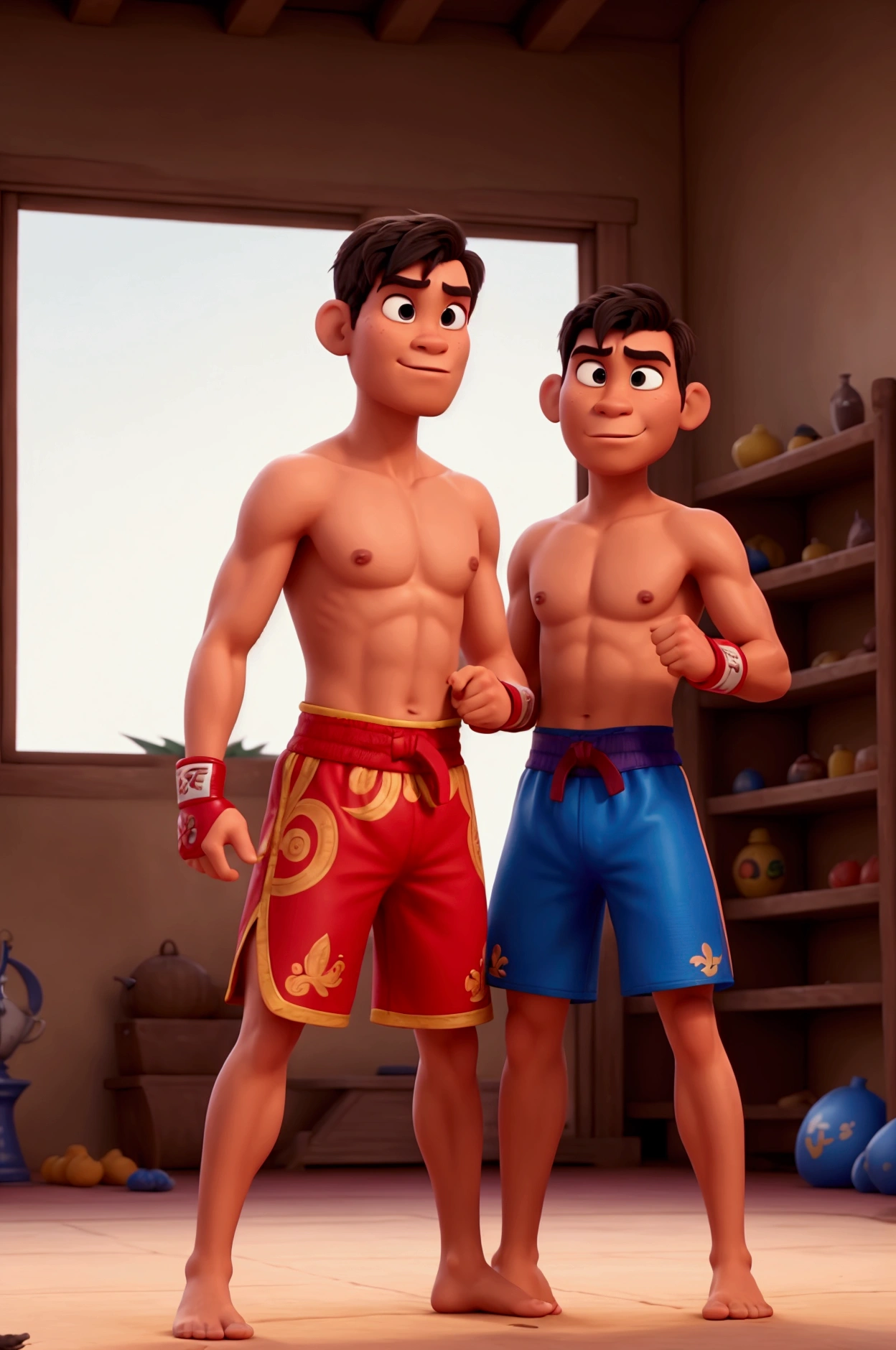 Man fighting muay thai vs another man, disney pixar style in high quality