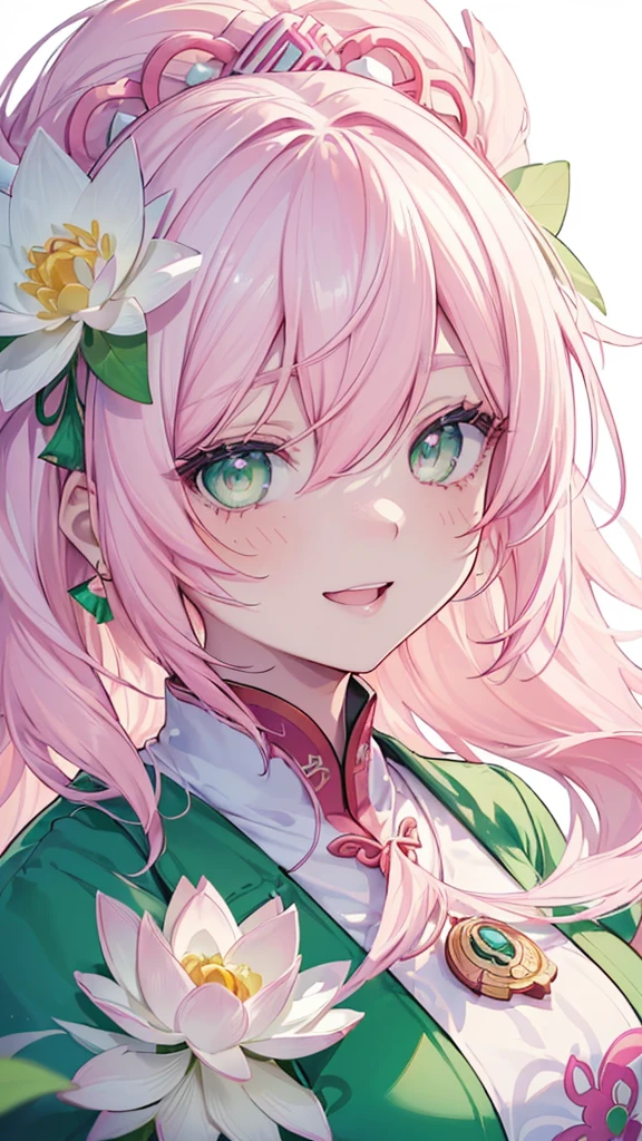 ((Genshin impact style lineart)) ((face portrait)), (masterpiece), (high quality), 1 girl, 16 years, female and curvy body, white skin, freckles, ((long, and wavy (((white-pink hair)), ((GREEN and bright eyes like de forest)), she has a cheerful, Very lively, happy, bright, kind and sweet expression, pink lips with a big smile, ((designs from East Asian, Game character costume design)), Chinese clothing style with a green and light pink color palette, chinese hair accessories, ((White background, chinese flowers, lotus, cute and colorful pink details)), ((portrait panting)), intricate details, lens flare,ultra high resolution,sharp focus,HD,8k,clear facial features,clear details,beautiful eyes,beautiful and cheerful face