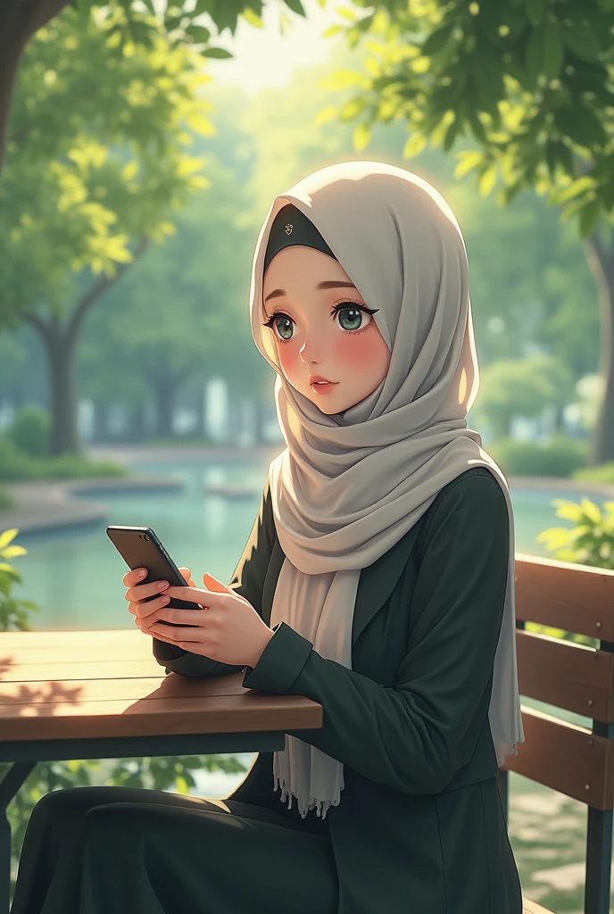 Make a beautiful girl really good loking with anime girl with hijab and messaging in messenger by seating on tble park make more beautiful pls