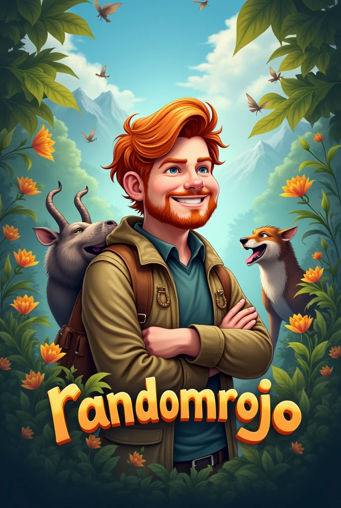 Disney-style promotional poster of a red-haired biologist with a side-swept hairstyle, with a beard and mustache similar to Ed Sheran with a background that talks about the care of wildlife and the title says RANDOMROJO