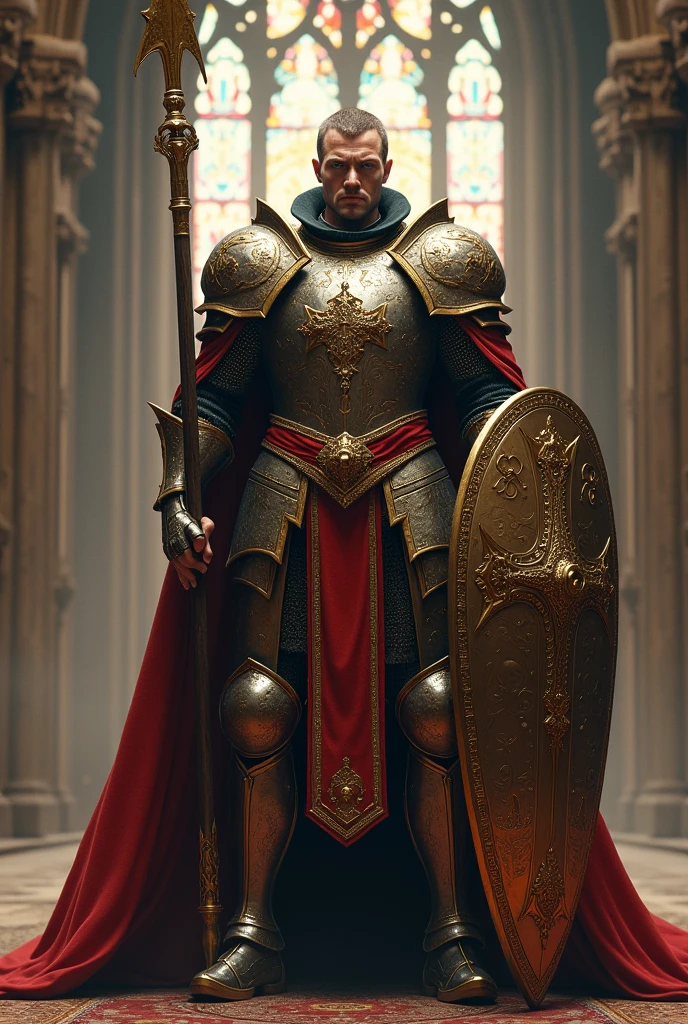 A strong papal guard in armor, spear and shield