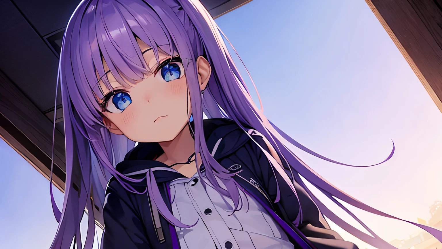 Purple Hair Parker、blue eyes、Near future、cool、Angle from below