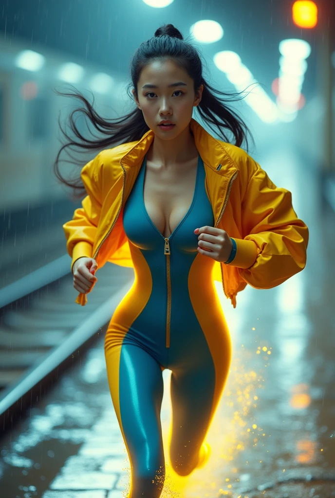 Chinese japan women average age wear jumpasuit high tech(( blue yellow)) age 15. Running effect. Glowing yellow power.((wear jacket blue))short girl. Runfast effect. saggy breast open zip.. Wear blue big glasses big frame.running speed of light . latex suit. big tight. running athlete.pontytail hair. Braces teeth. train rail .Bokeh background. Panning effect. Yellow high tech watch. a beautiful young chinese women, , wearing a high-tech blue and yellow very tight jumpsuit. wear jacket bomber jacket blue yellow, venus body type.. unning with style pose . ,floating water pallet, photorealistic, detailed facial features, long hair, elegant pose, dynamic lighting. glowing body yellow lightning effect, 8k, award-winning digital art, intricate details, vibrant colors, cinematic composition. very fasr run, highly detailed. light trail effect. speed of light. froze time effect. at the city.run water . spash water. the girl run fast on wet road. background on subway.