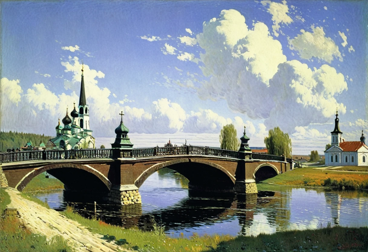 painting of a bridge over a river with a church in the background, by Konstantin Vasilyev, levitan, by Fyodor Vasilyev, by Isaac Levitan, russian landscape, vasnetsov, shishkin, by Vasily Polenov, by Nikolai Ge, by Illarion Pryanishnikov, by Alexander Ivanov