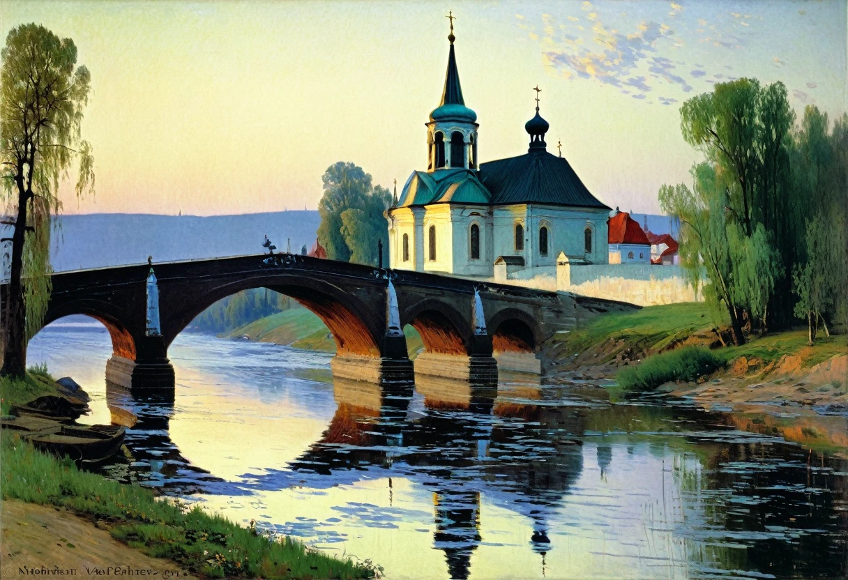 painting of a bridge over a river with a church in the background, by Konstantin Vasilyev, levitan, by Fyodor Vasilyev, by Isaac Levitan, russian landscape, vasnetsov, shishkin, by Vasily Polenov, by Nikolai Ge, by Illarion Pryanishnikov, by Alexander Ivanov
