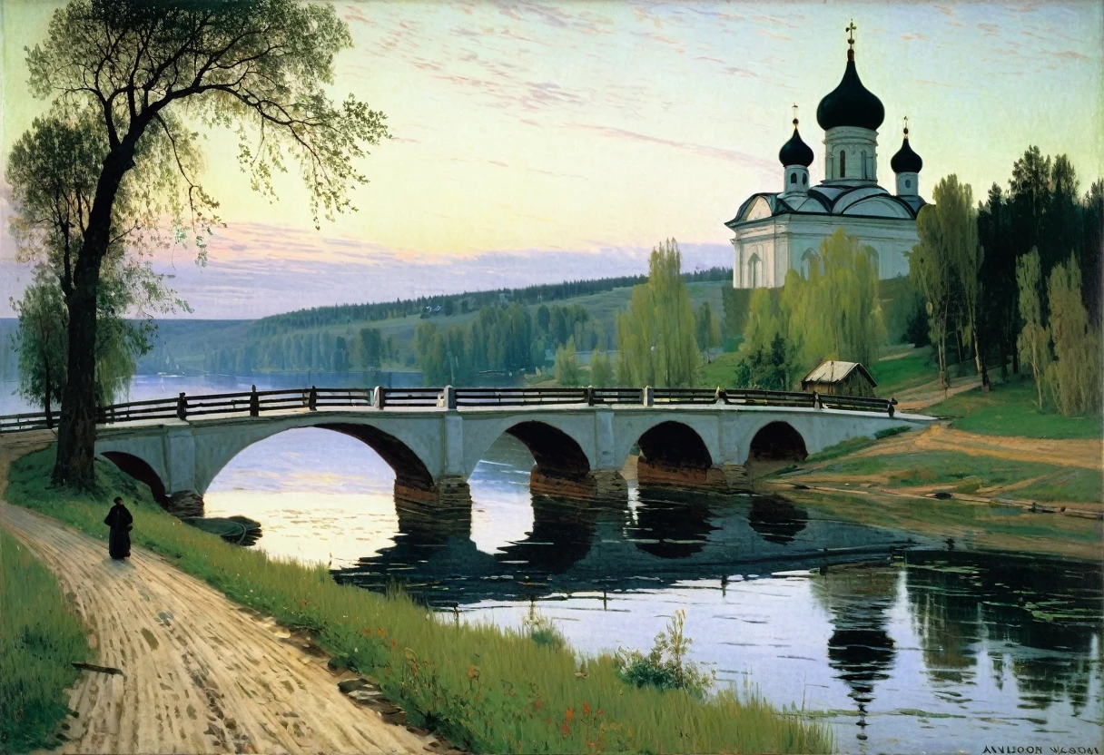painting of a bridge over a river with a church in the background, by Konstantin Vasilyev, levitan, by Fyodor Vasilyev, by Isaac Levitan, russian landscape, vasnetsov, shishkin, by Vasily Polenov, by Nikolai Ge, by Illarion Pryanishnikov, by Alexander Ivanov