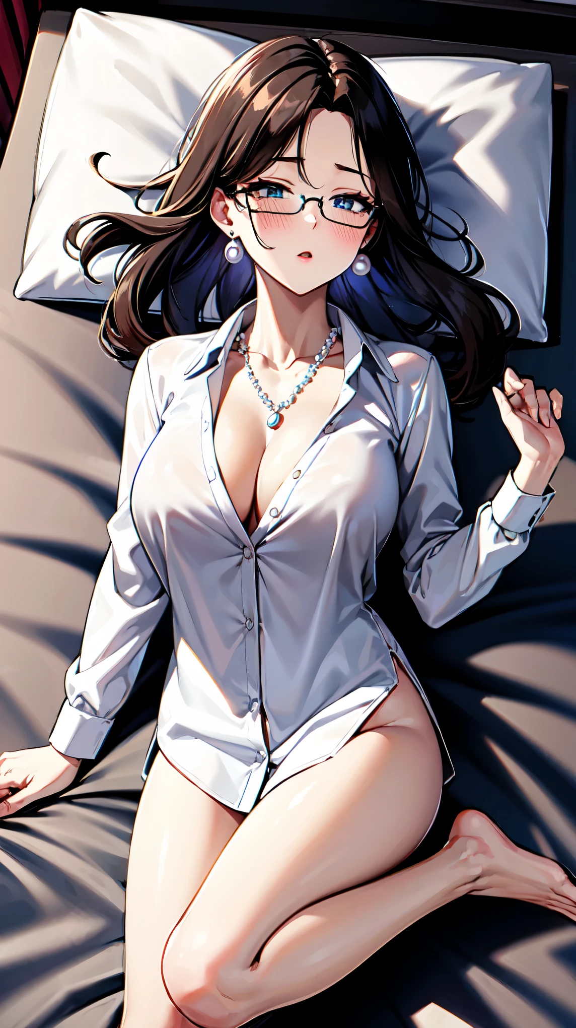 （（super high quality,Ultra-high resolution,16K,super masterpiece,Ultra HD ,Detailed shading））,Dimly lit bedroom,Full body photo,Lying in bed,sexy mother,40 years old,Bust 85cm,Cleavage,Naked shirt,popped Tight collar White shirts,Long sleeve,Glasses,View here,blush,Pearl Earrings,Pearl Necklace,Engagement Rings,