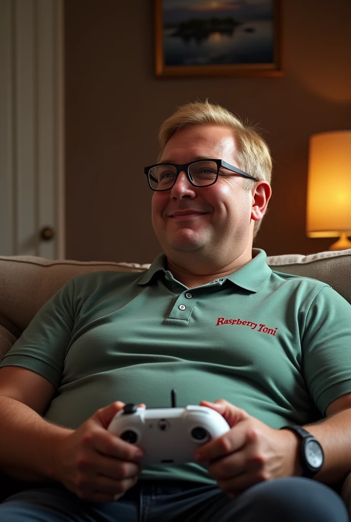 (Photorealism:1.2), blond, slightly chubby European man with glasses playing with the Xbox series s with his controller where the charging cable is plugged in. There should be beer next to him. His polo shirt is said to have the word “Raspberry Toni” written on it 