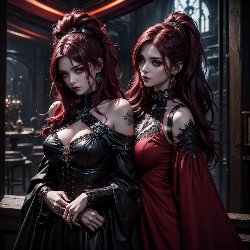top-quality、8K、masterpiece:1.3、Gothic punk、Red inner color、A dark-haired、hair adornments、a beauty girl、creative、dark fantasy style、Neogos、Goth Fashion:1.2