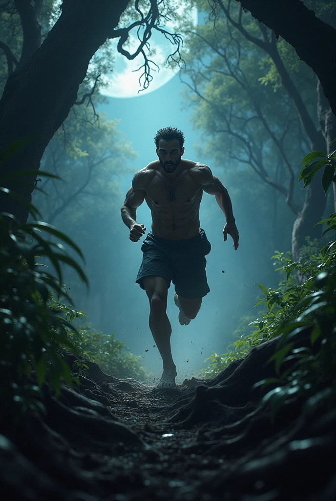 A man running through dark jungle at night.