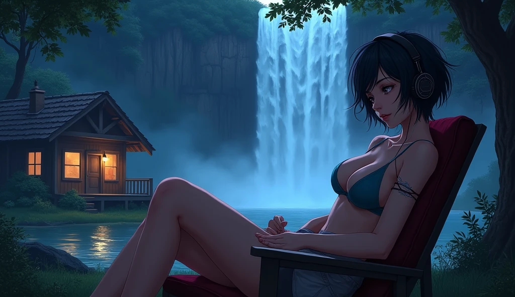 sexy girl with short hair wearing undershirt, his big breast half open, short skirt, at night. relaxed listening to music with headphones., sitting on the chair outside cabin very close huge waterfall. Anime 2d style, Lo-fi, Dark Ambiance