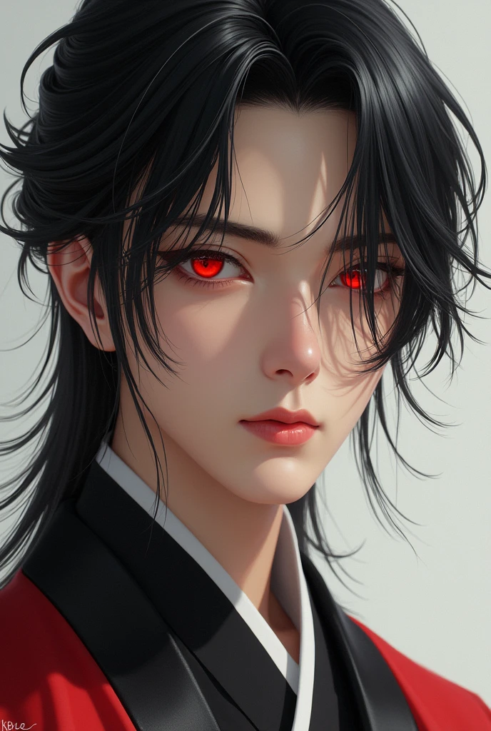 20-year-old male, Cao Cao, skin fair, medium hair that falls over the face and blood red eyes real person