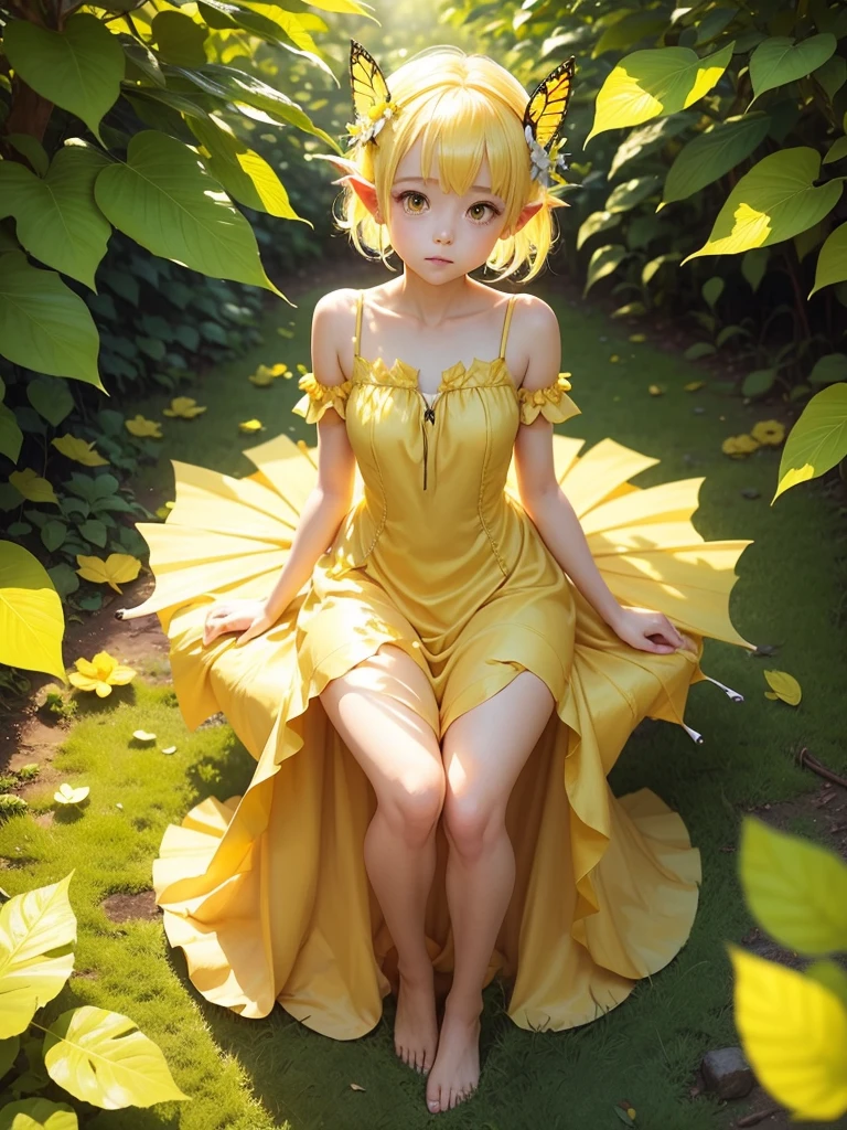 cute  Fairy,  butterfly, yellow hair, yellow eyes, yellow dress pointy ears dress made of petals leaves leaning forward sitting on big leaves、Leaves Sunshine Light