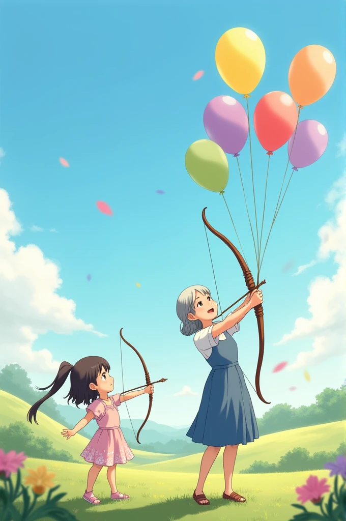 Drawing of a girl wearing an anime dress Short dress with a grandmother using a bow to shoot helium balloons